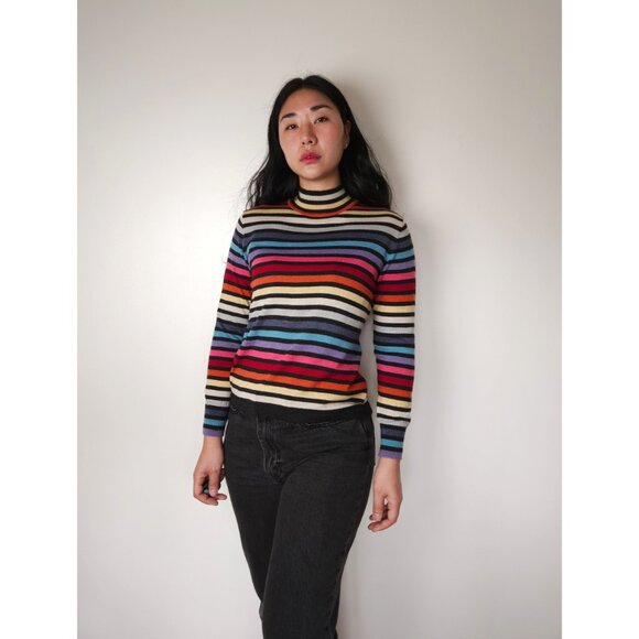 Vintage wool multicolor stripe mock neck fine knit sweater top long sleeve women - Picture 2 of 10